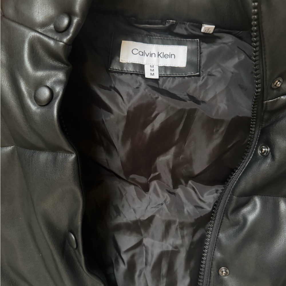 Calvin Klein Black Faux Leather Puffer Vest with Snap Detail - Picture 2 of 3